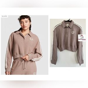 PINK REVERSE FLEECE CROPPED POLO SWEATSHIRT XS Iced Coffee